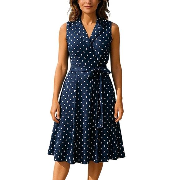 Evan Picone Dresses & Skirts - Evan Picone Size 14 Women's Polka Dot Wrap Fit & Flare Navy Blue White Retro